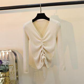 Long-sleeve Plain V-neck Drawstring Knit Top