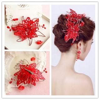 Set Of 2: Flower Hair Clip + Rhinestone Earrings