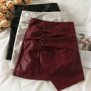 Asymmetrical Faux-leather Ruched Mini Skirt