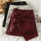 Asymmetrical Faux-leather Ruched Mini Skirt