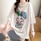 Elbow-sleeve Rabbit Embroidered Oversized T-shirt