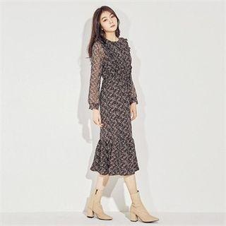 Sheer-sleeve Ruffled Floral Pattern Long Dress