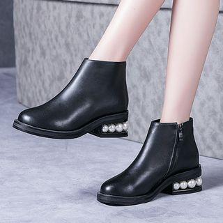 Faux Pearl Heel Genuine Leather Ankle Boots