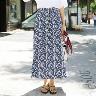 Drawstring-waist Floral Pattern Long Flare Skirt