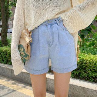 Belted-waist Washed Denim Shorts