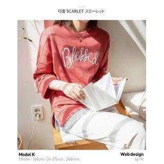 Set Of 2: Letter-embroidered Slit-side T-shirt