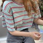 Short-sleeve Striped T-shirt Red & Gray & Light Blue - One Size