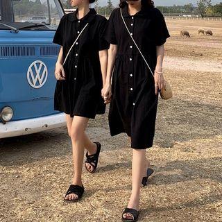 Plain Short-sleeve Shirt Dress / Midi Dress