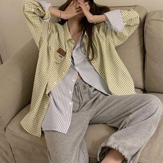 Mock Two-piece Striped Plaid Shirt