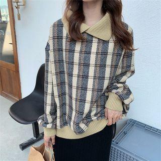 Long-sleeve Collar Plaid Sweatshirt