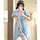 Puff-sleeve Square-neck Floral Print A-line Dress Floral - Blue - One Size