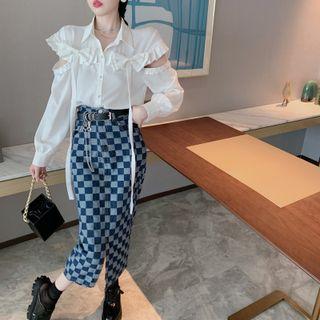 Cut-out Bow Accent Shirt / Checkered Denim Midi Pencil Skirt