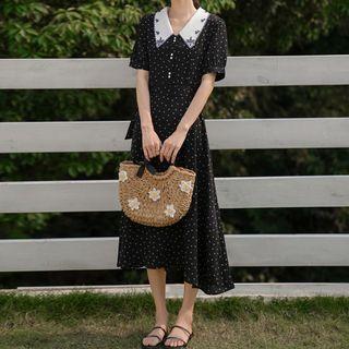 Short-sleeve Dotted Embroidered A-line Midi Dress