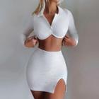 Set: Long-sleeve Button-up Crop Top + Slit Skirt