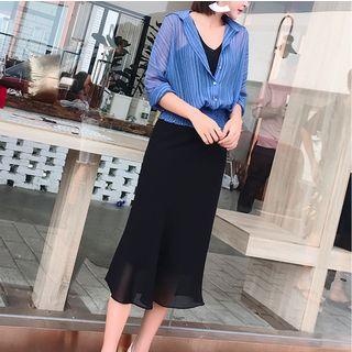 Long-sleeve Chiffon Blouse / Strappy Midi Dress / Set: Long-sleeve Chiffon Blouse + Strappy Midi Dress