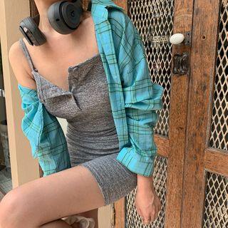Plaid Shirt / Spaghetti Strap Mini Sheath Dress