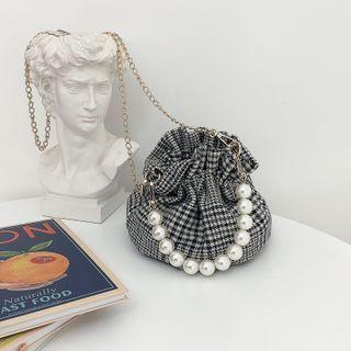 Faux Pearl Plaid Chain Bucket Bag Black & White - One Size