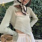 Set: Long-sleeve Plain Perforated Shrug + Asymmetric Striped Camisole