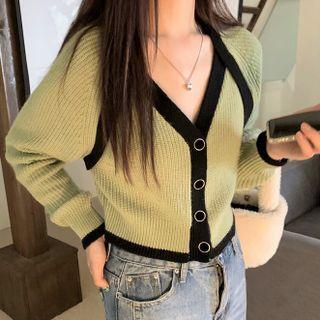 Contrast Trim Cropped Cardigan Green - One Size