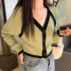 Contrast Trim Cropped Cardigan Green - One Size