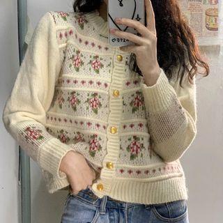 Long-sleeve Floral Printed Knit Cardigan Almond - One Size
