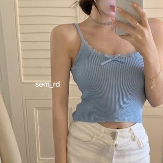 Lace Trim Knit Cropped Camisole Top / Cardigan