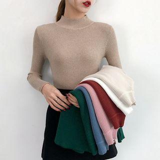 Long-sleeve Mock-neck Ribbed Knit Top