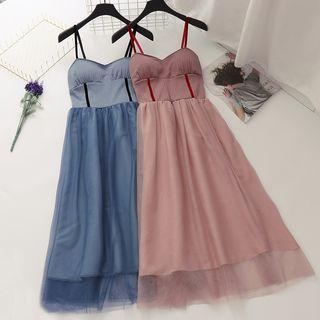 Mesh Panel Spaghetti-strap A-line Midi Dress