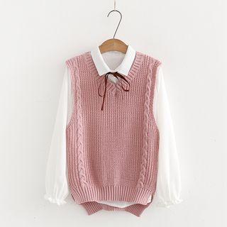 Set: Long-sleeve Bow-accent Shirt + Knit Vest