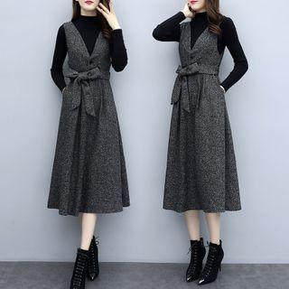 Set: Plain Sweater + Tie-waist Midi Jumper Dress