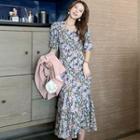 Elbow-sleeve Floral Print Chiffon Midi A-line Dress