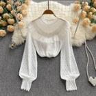 Stand-collar Sheer Faux Pearl Lace Puff-sleeve Top