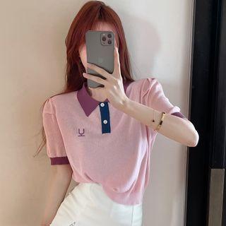 Colorblock Embroidered Loose Polo Top Pink - One Size