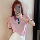 Colorblock Embroidered Loose Polo Top Pink - One Size