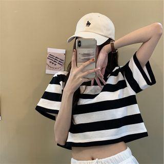 Round-neck Striped Short-sleeve Crop Top