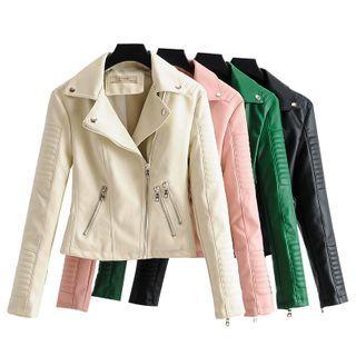 Plain Faux Leather Zip-up Jacket