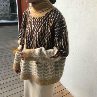 Patterned Color Block Turtleneck Sweater