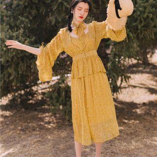 Set: Spaghetti Strap Midi Dotted Dress + Light Jacket