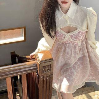 Spaghetti-strap Floral Mini A-line Dress / Long-sleeve Collar Shrug