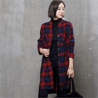 Mandarin-collar Plaid Shirtdress Red - One Size