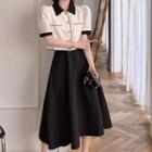 Bow Cropped Blouse / Contrast Collar Blouse / Midi A-line Skirt