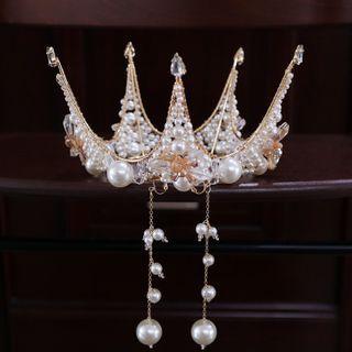 Set: Faux Pearl Rhinestone Wedding Tiara + Dangle Earring Gold - One Size