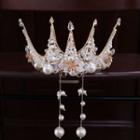 Set: Faux Pearl Rhinestone Wedding Tiara + Dangle Earring Gold - One Size