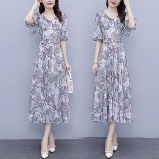 Short-sleeve V-neck Paisley Print Midi A-line Dress