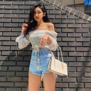 Off-shoulder Shirred Lace Crop Top Ivory - One Size