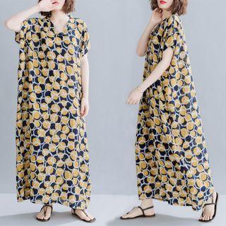 Short-sleeve Printed Maxi A-line Dress As Shown In Figure - One Size