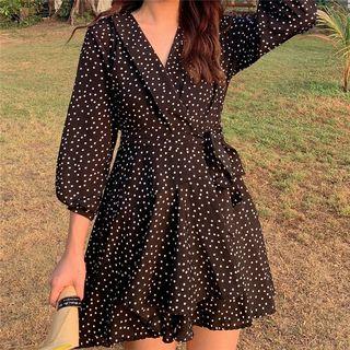 3/4 Sleeve Dot Print Wrapped Dress