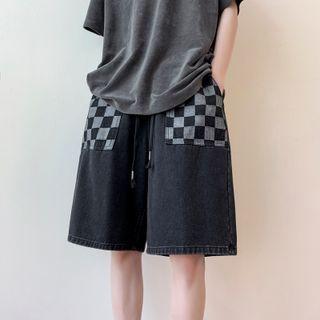 Checkered Drawstring Denim Shorts