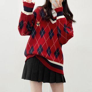 Argyle V-neck Sweater Argyle - Red & Blue - One Size