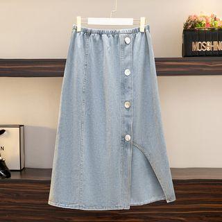 Asymmetrical Slit Denim Midi Skirt